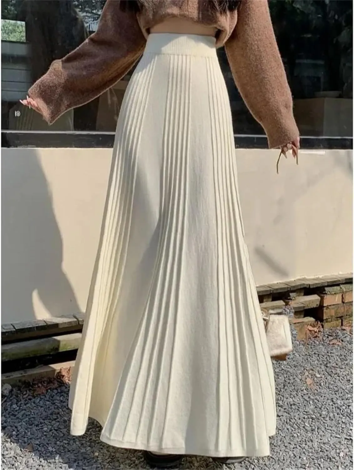 Women's Knitted Long Skirts Pleated A-Line Skirt Thick Warm Casual Women Midi Dress