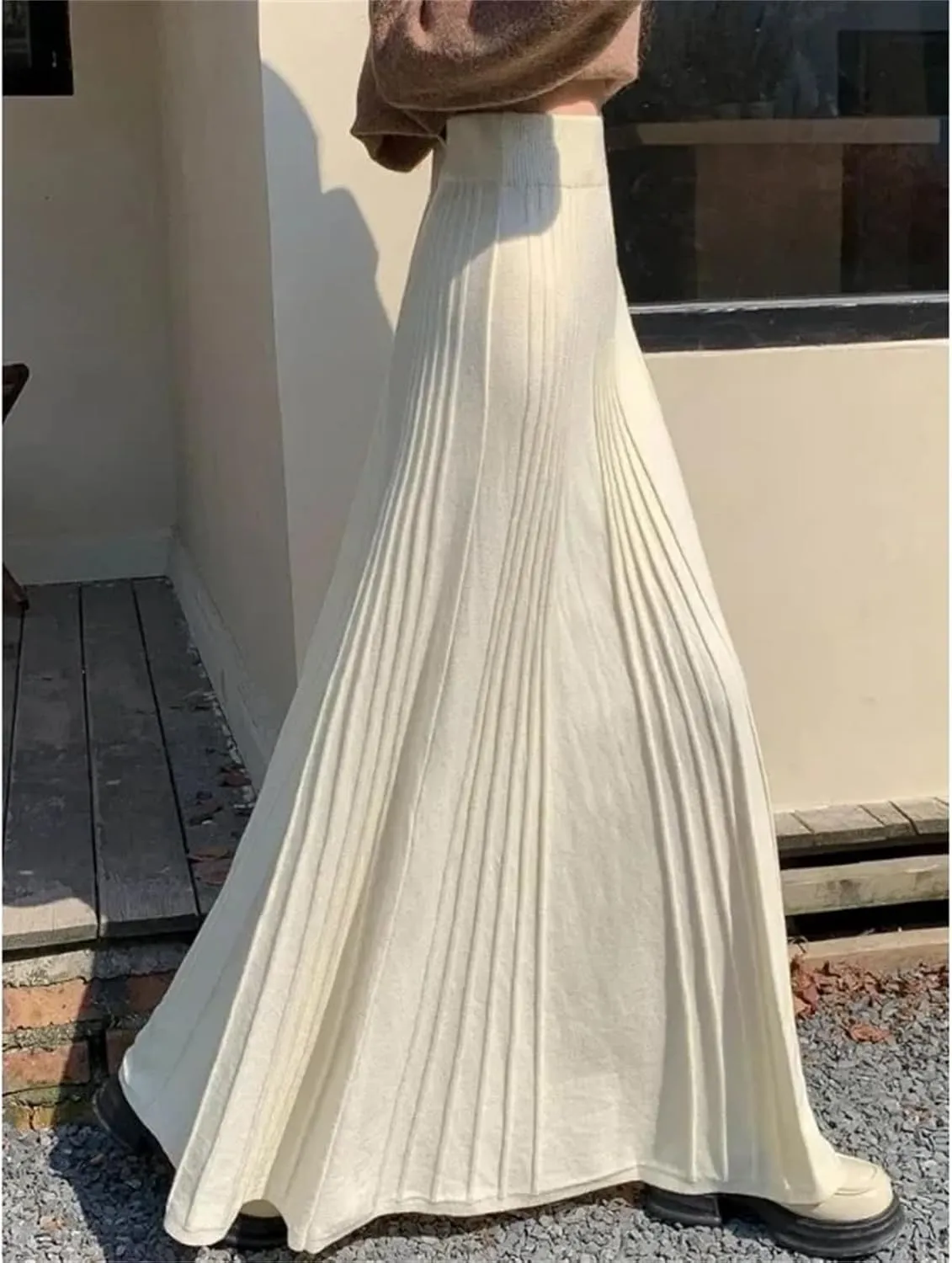 Women's Knitted Long Skirts Pleated A-Line Skirt Thick Warm Casual Women Midi Dress
