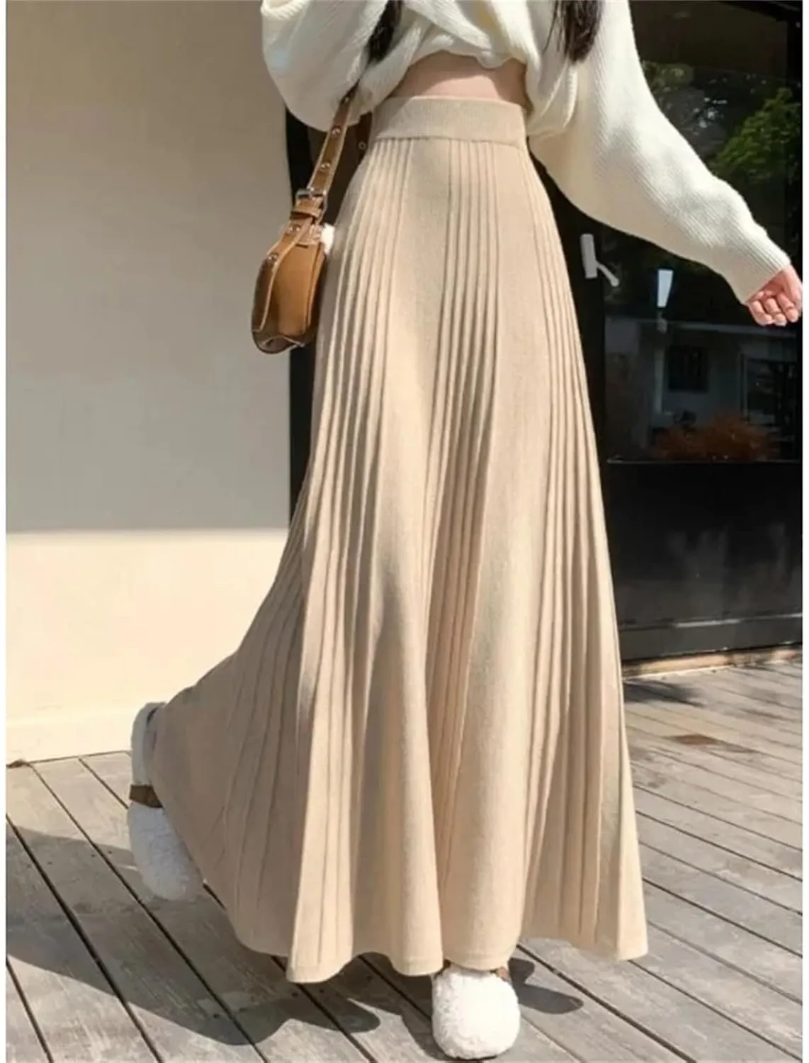Women's Knitted Long Skirts Pleated A-Line Skirt Thick Warm Casual Women Midi Dress