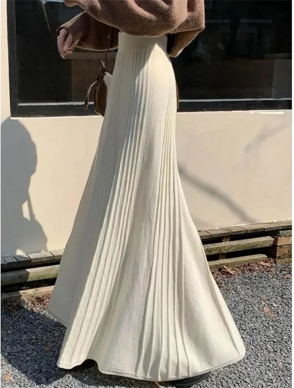 Women's Knitted Long Skirts Pleated A-Line Skirt Thick Warm Casual Women Midi Dress