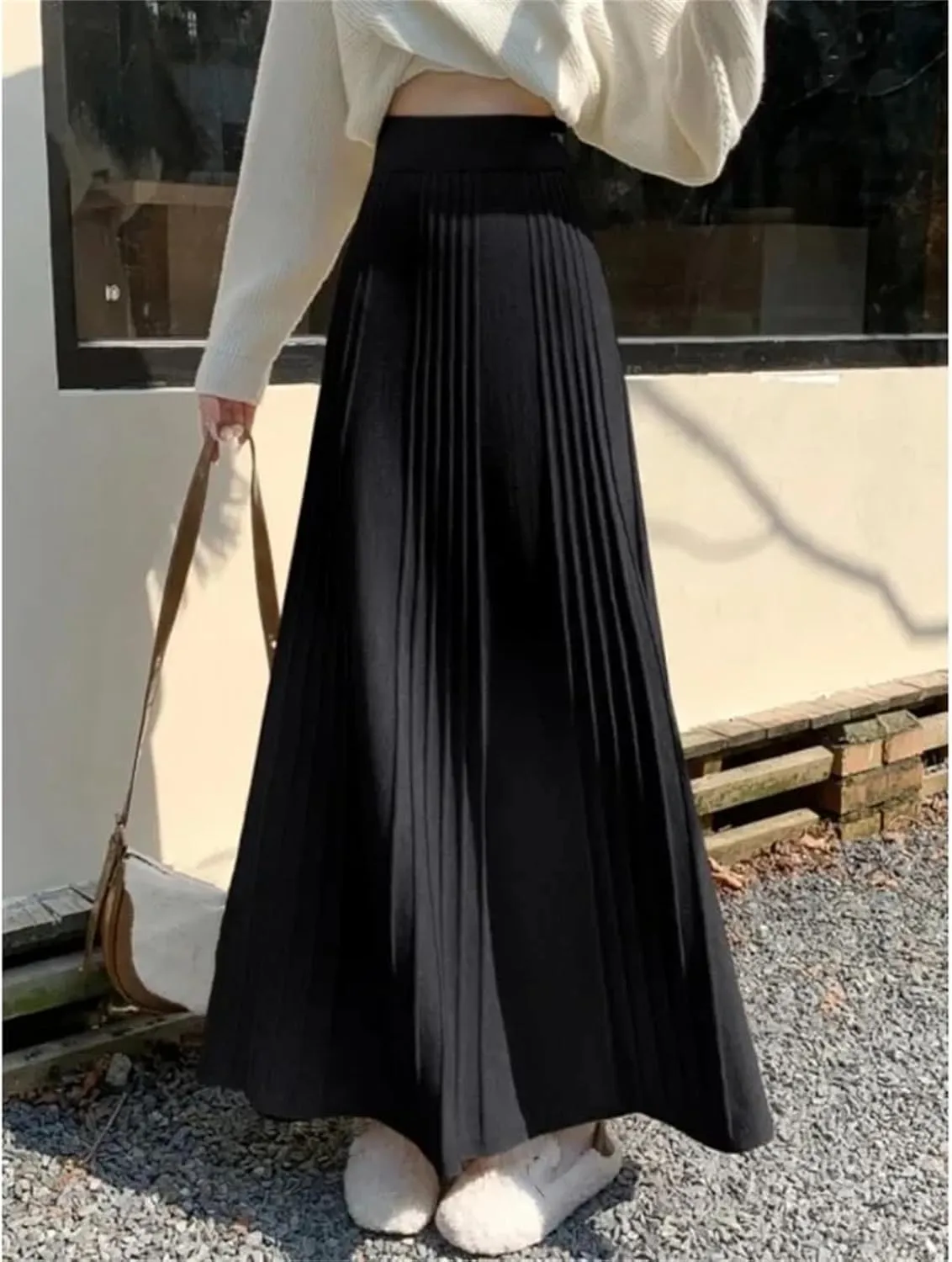 Women's Knitted Long Skirts Pleated A-Line Skirt Thick Warm Casual Women Midi Dress