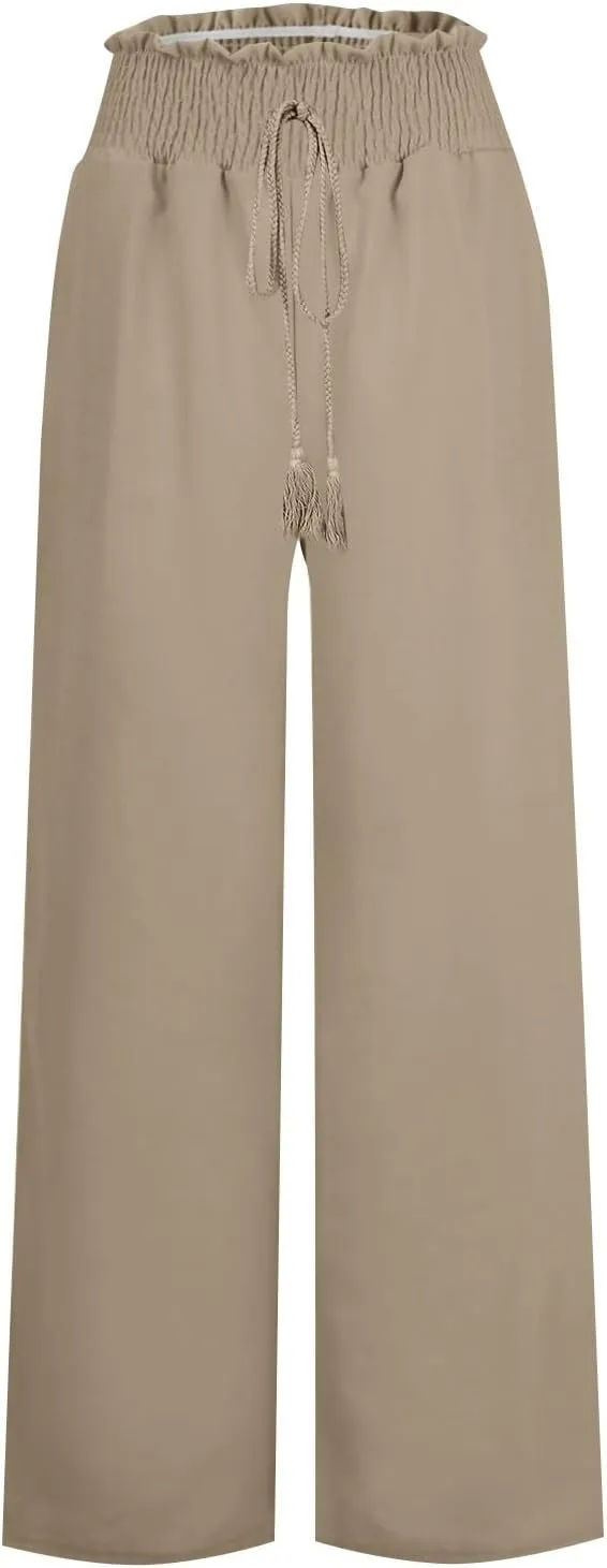 Womens Linen Pants 2025 Summer Wide Leg Palazzo High Waisted Drawstring Flowy Trousers Yoga Beach Pant with Pockets