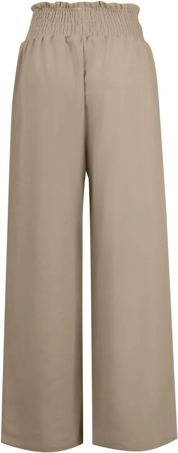 Womens Linen Pants 2025 Summer Wide Leg Palazzo High Waisted Drawstring Flowy Trousers Yoga Beach Pant with Pockets