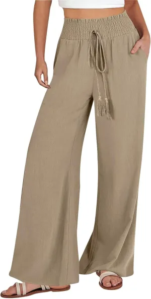 Womens Linen Pants 2025 Summer Wide Leg Palazzo High Waisted Drawstring Flowy Trousers Yoga Beach Pant with Pockets