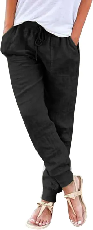 Womens Linen Pants Joggers Casual High Waisted Drawstring Trousers Lightweight Summer Beach Pants with Pockets
