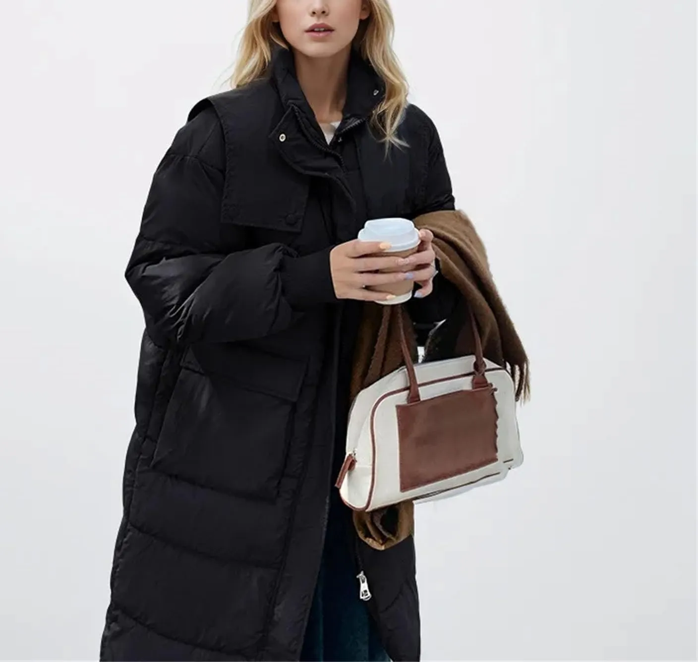 Women's Long Solid High Collar Parka Coat Warm Vintage Button Hooded Cotton-Padded Jacket