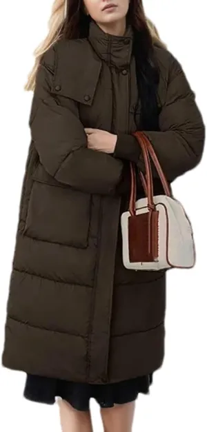 Women's Long Solid High Collar Parka Coat Warm Vintage Button Hooded Cotton-Padded Jacket