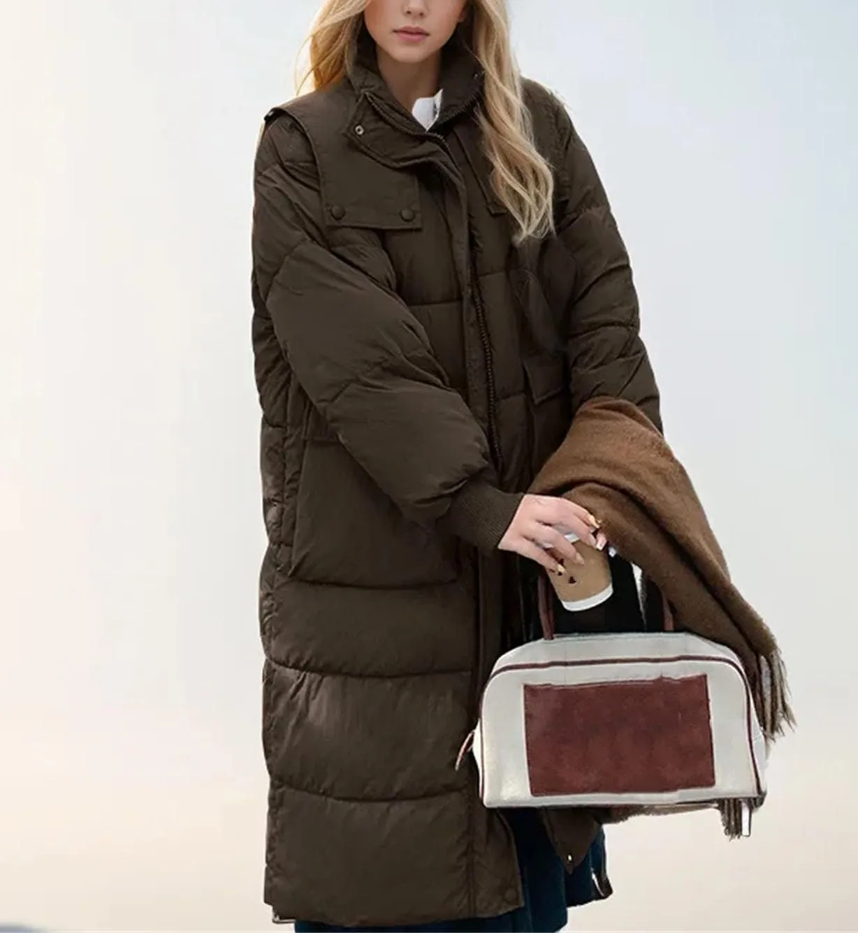 Women's Long Solid High Collar Parka Coat Warm Vintage Button Hooded Cotton-Padded Jacket