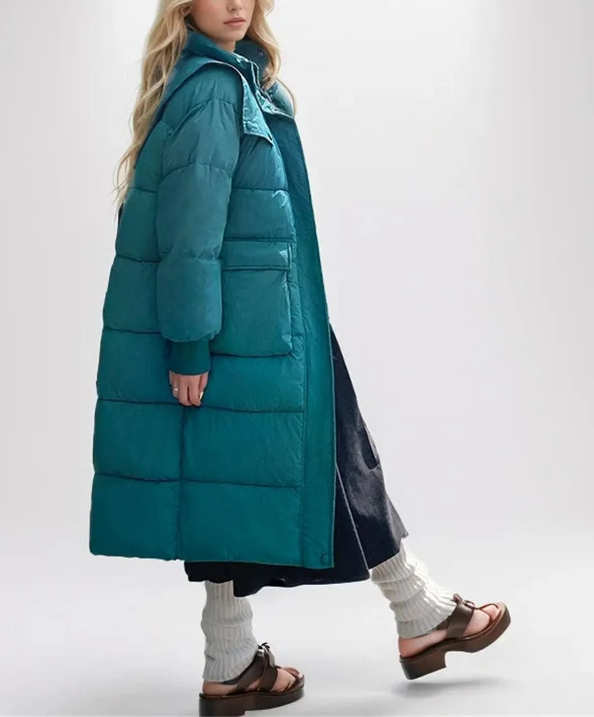 Women's Long Solid High Collar Parka Coat Warm Vintage Button Hooded Cotton-Padded Jacket