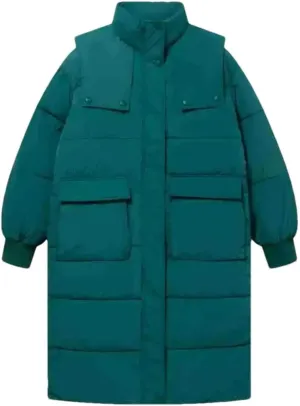 Women's Long Solid High Collar Parka Coat Warm Vintage Button Hooded Cotton-Padded Jacket