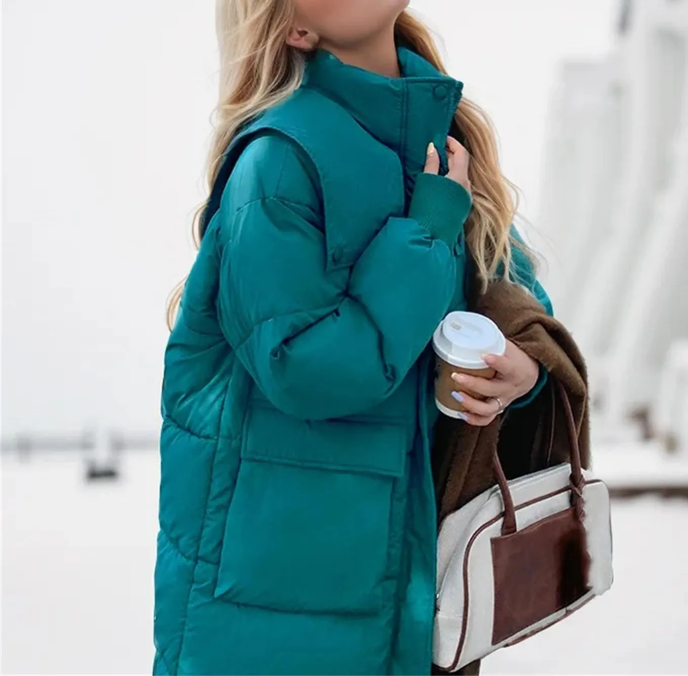 Women's Long Solid High Collar Parka Coat Warm Vintage Button Hooded Cotton-Padded Jacket