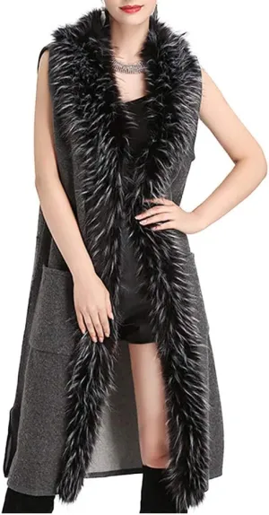 Womens Long Waistcoat Fuax Fur Trim Winter Vest Sleeveless Cardigan