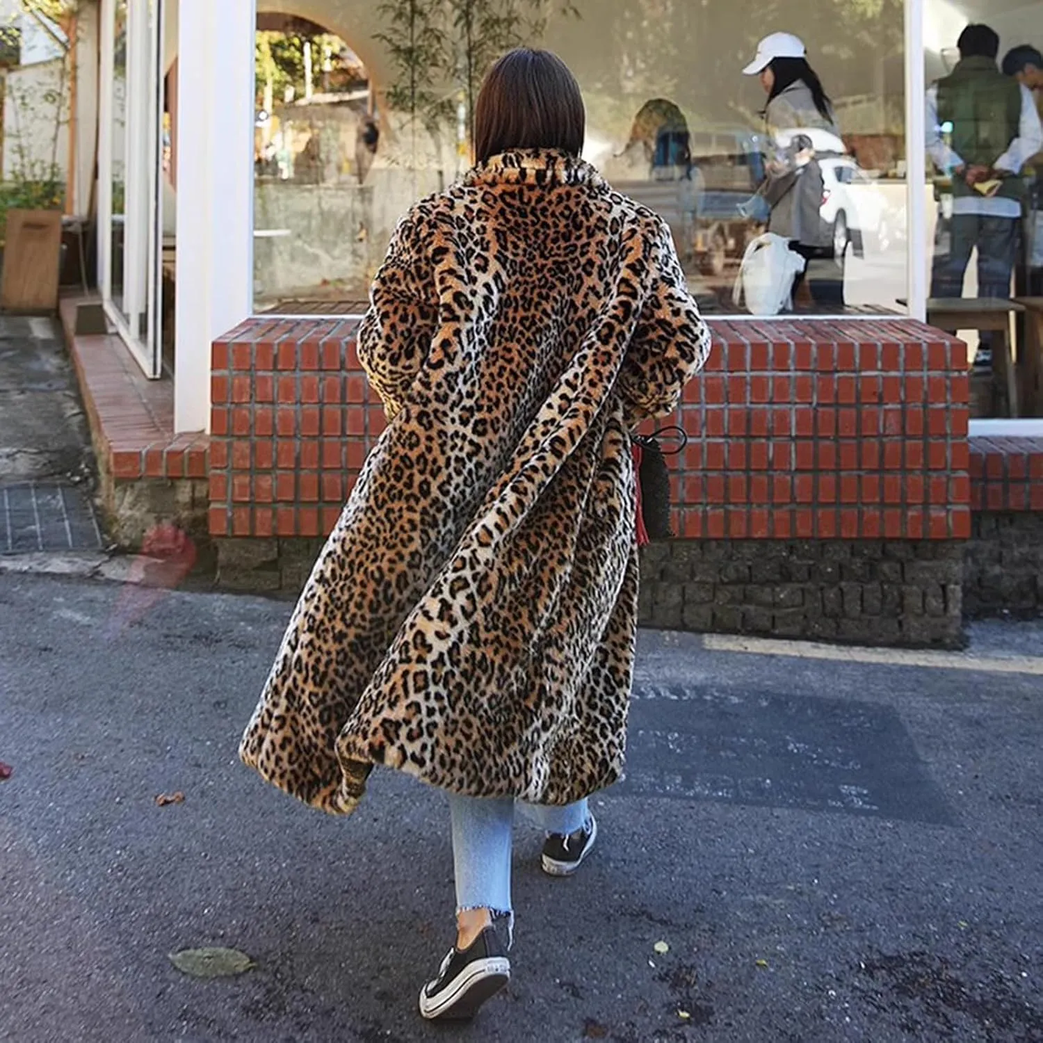Womens Long Winter Coat Fashion Leopard Warm Outerwear Fuzzy Fleece Luxury Trench Coat with Pockets