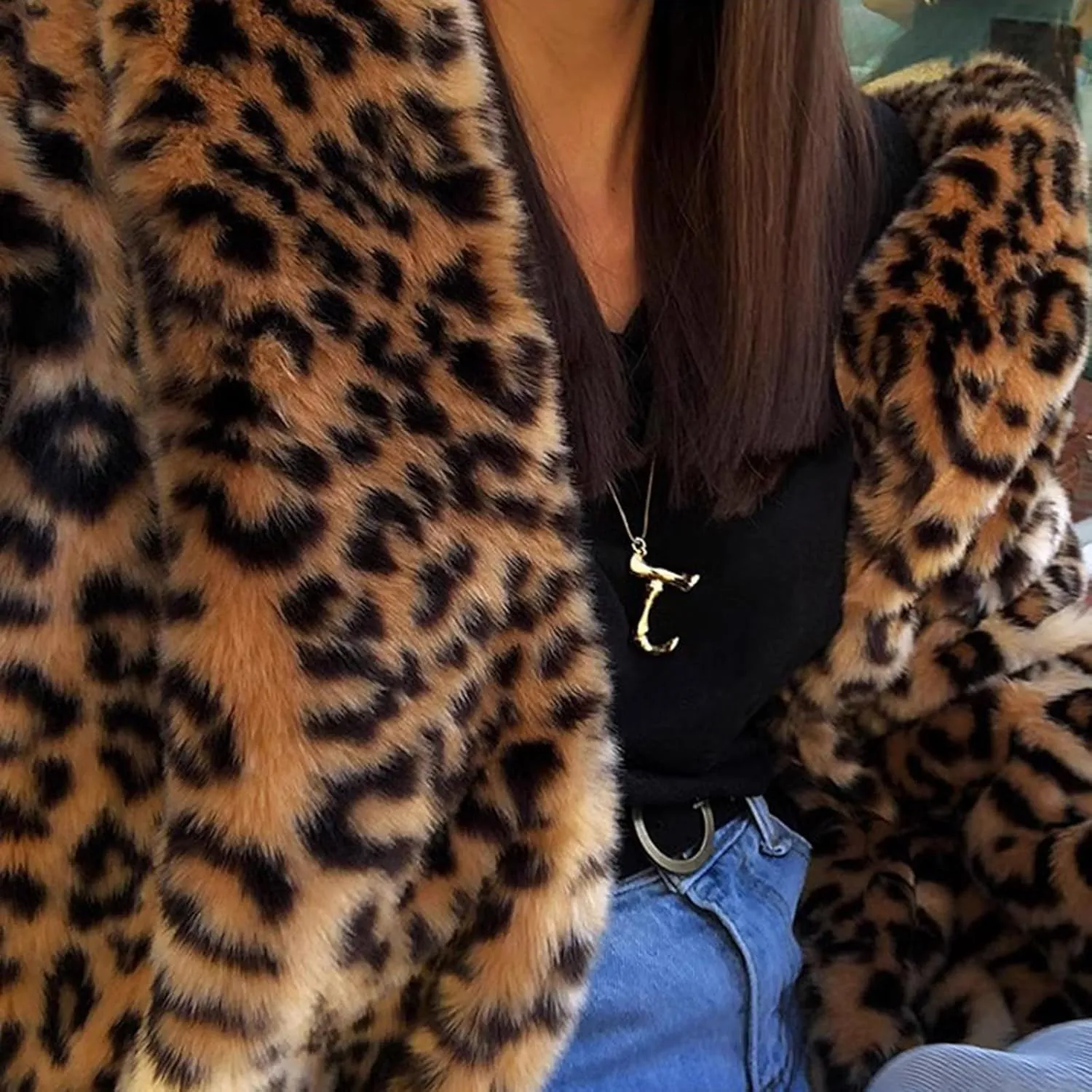Womens Long Winter Coat Fashion Leopard Warm Outerwear Fuzzy Fleece Luxury Trench Coat with Pockets