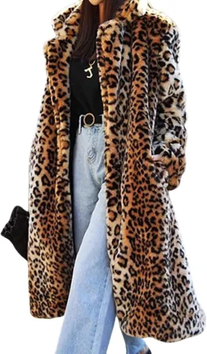 Womens Long Winter Coat Fashion Leopard Warm Outerwear Fuzzy Fleece Luxury Trench Coat with Pockets