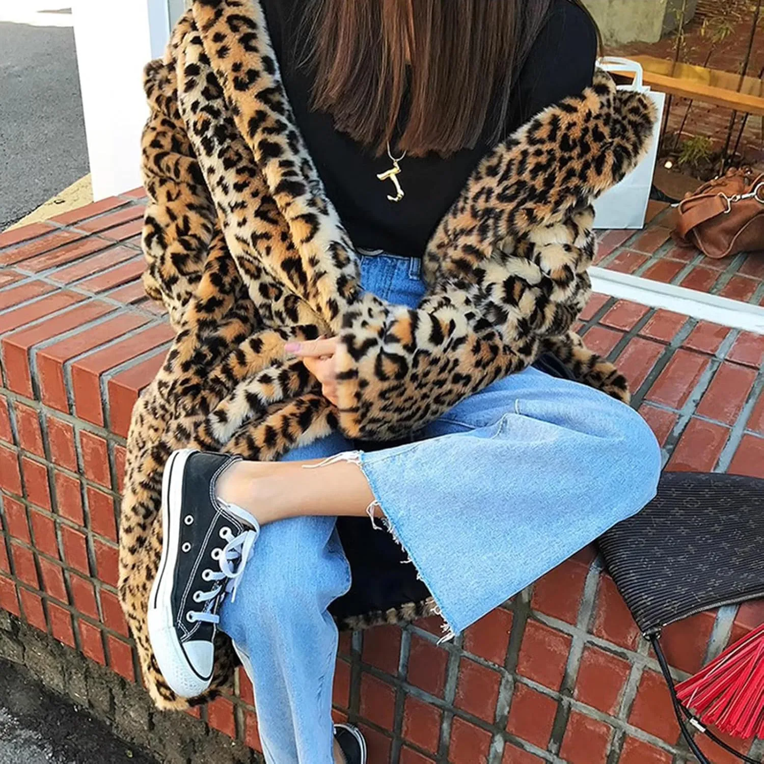 Womens Long Winter Coat Fashion Leopard Warm Outerwear Fuzzy Fleece Luxury Trench Coat with Pockets