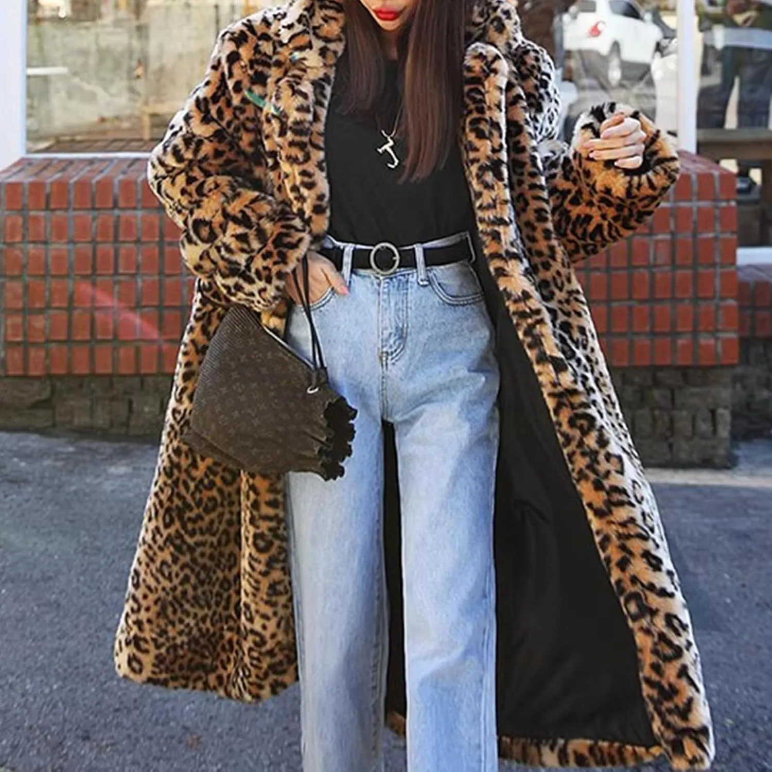 Womens Long Winter Coat Fashion Leopard Warm Outerwear Fuzzy Fleece Luxury Trench Coat with Pockets