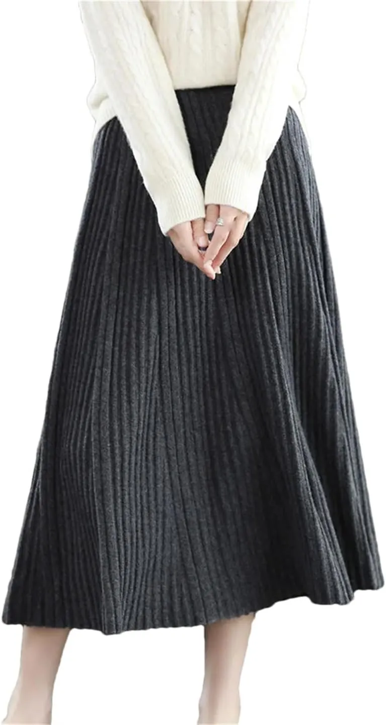 Women's Merino Wool Knit Skirt Pleated High Waist Stretch A Line Solid Color Midi Skirts