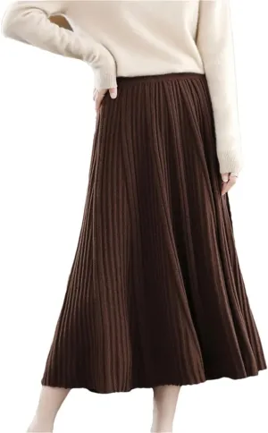 Women's Merino Wool Knit Skirt Pleated High Waist Stretch A Line Solid Color Midi Skirts