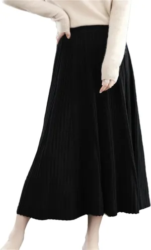 Women's Merino Wool Knit Skirt Pleated High Waist Stretch A Line Solid Color Midi Skirts