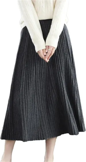 Women's Merino Wool Knit Skirt Pleated Stretch High Waist Solid Color A-Line Midi Skirts