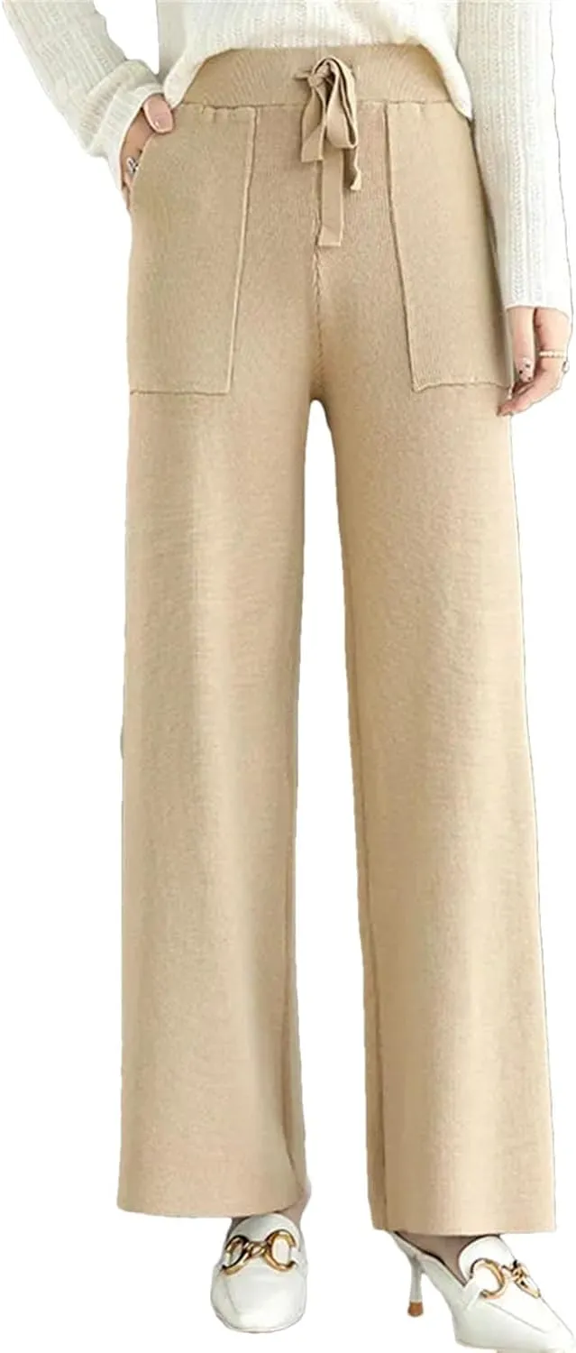Women's Merino Wool Pants High Waist Wide Leg Straights Trousers Winter Thick Knitted Wool Pants