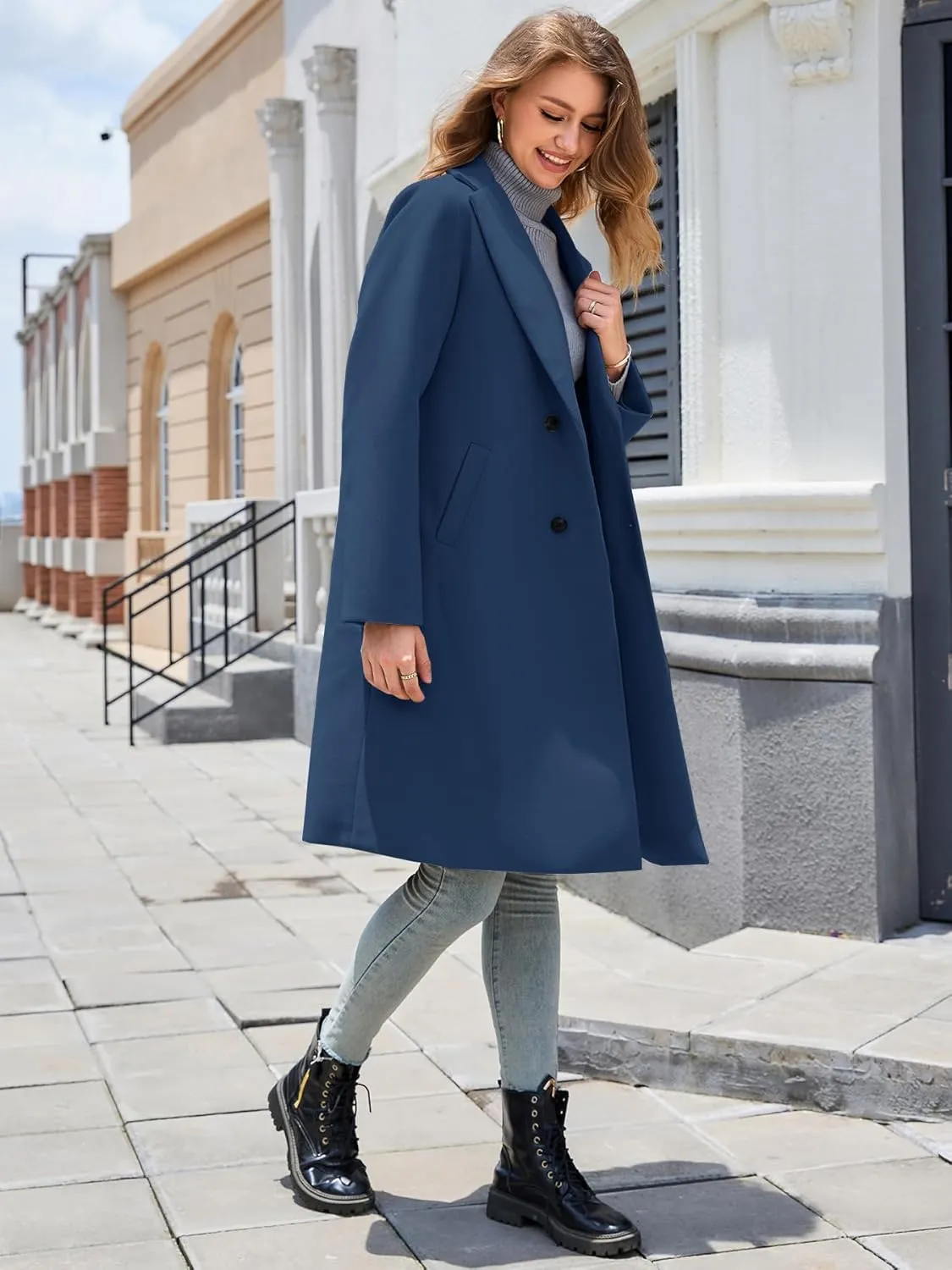Women's Notch Lapel Double Breasted Pea Coat Mid Long Fall Winter Trench Overcoat