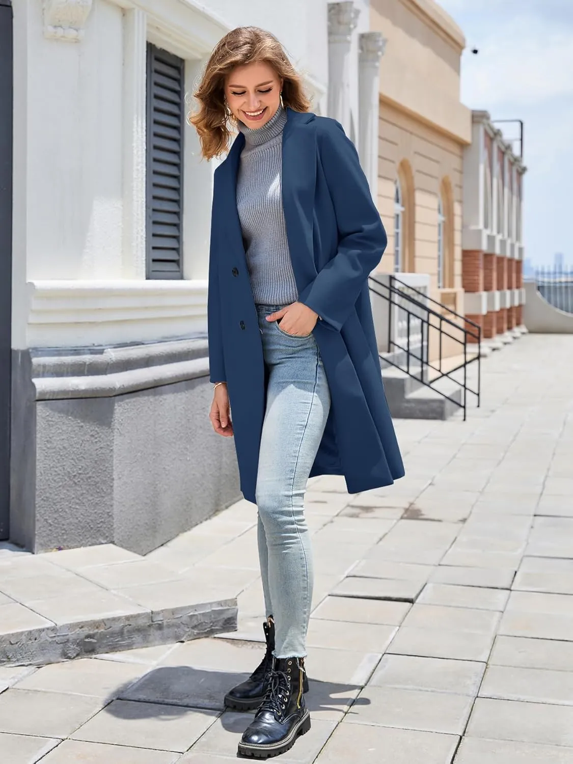 Women's Notch Lapel Double Breasted Pea Coat Mid Long Fall Winter Trench Overcoat