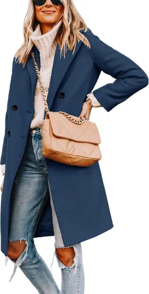 Women's Notch Lapel Double Breasted Pea Coat Mid Long Fall Winter Trench Overcoat