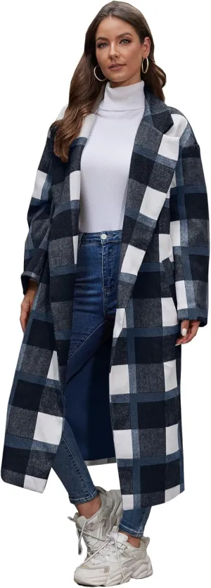 Women's Oversized Plaid Wool Coat Casual Lapel Collar Double Breasted Winter Long Pea Coat with Pockets
