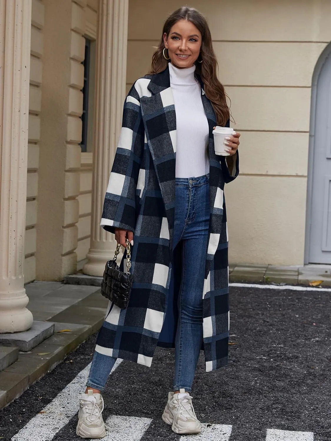 Women's Oversized Plaid Wool Coat Casual Lapel Collar Double Breasted Winter Long Pea Coat with Pockets