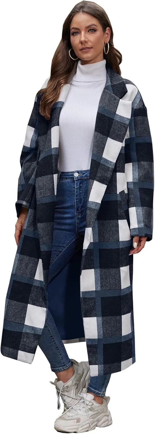 Women's Oversized Plaid Wool Coat Casual Lapel Collar Double Breasted Winter Long Pea Coat with Pockets