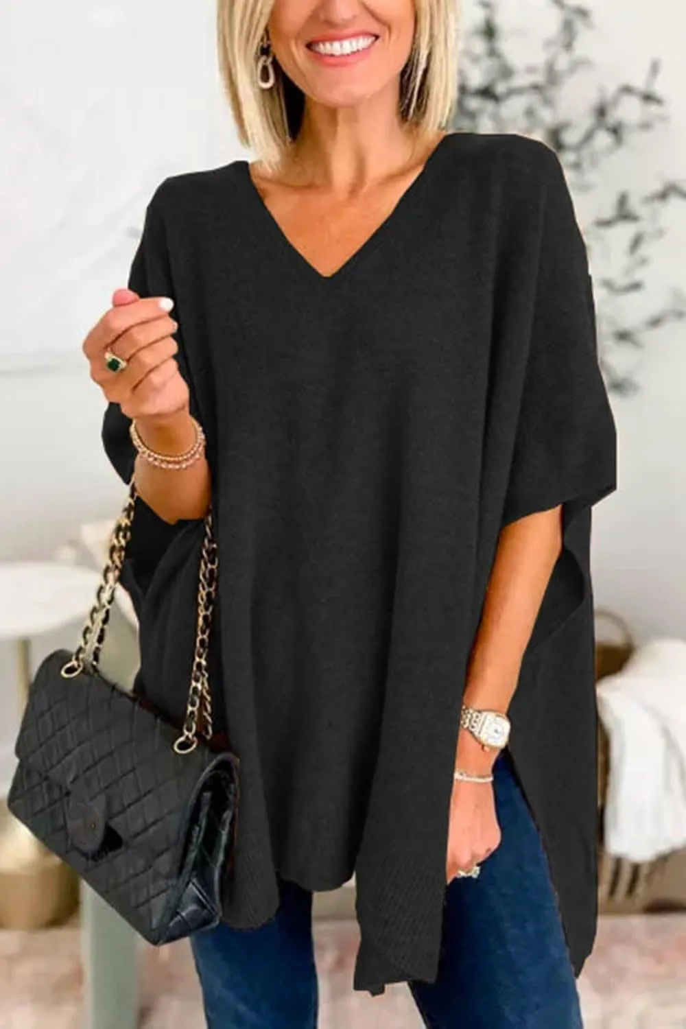 Womens Poncho Sweater Women V Neck Ponchos and Wraps Batwing Sleeveless Shawl Pullover Sweaters Women's Clothing