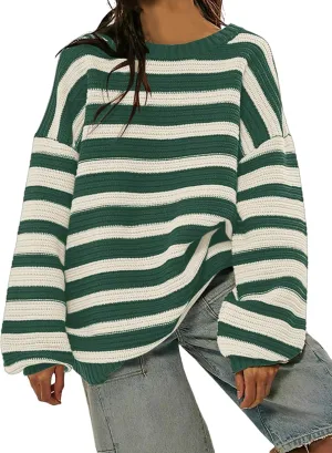 Women's Pullover Oversized Striped Sweaters 2025 Crewneck Batwing Long Sleeve Knit Tops Fall Winter Sweater Jumper