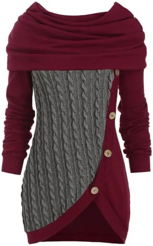 Women's Pullover Sweaters Plus Size O-Neck Long Sleeve Solid Botton Pachwork Asymmetric Tops Sweater, S-5XL