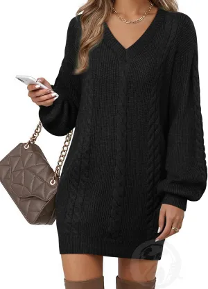Women's Pullovers Jumper Sweaters Lantern Sleeve Casual V Neck Fall Knit Mini Sweater Dresses