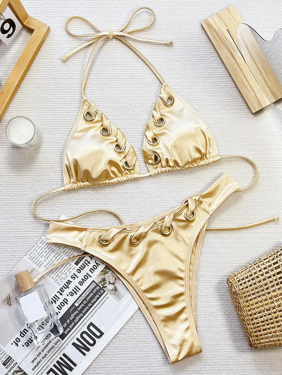 Women's Sexy Halter Bikini Set - Yellow Beachwear