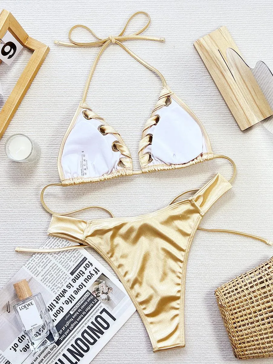 Women's Sexy Halter Bikini Set - Yellow Beachwear