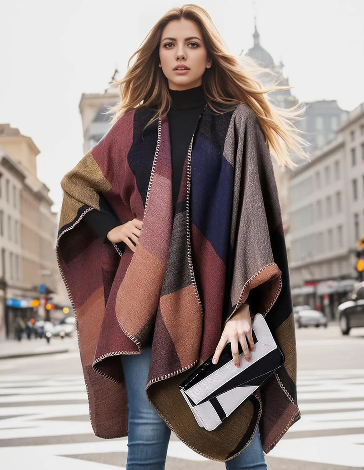 Women's Shawl Wraps Open Front Poncho Cape Oversized Sweaters Casual Cardigan Shawls for Fall Winter