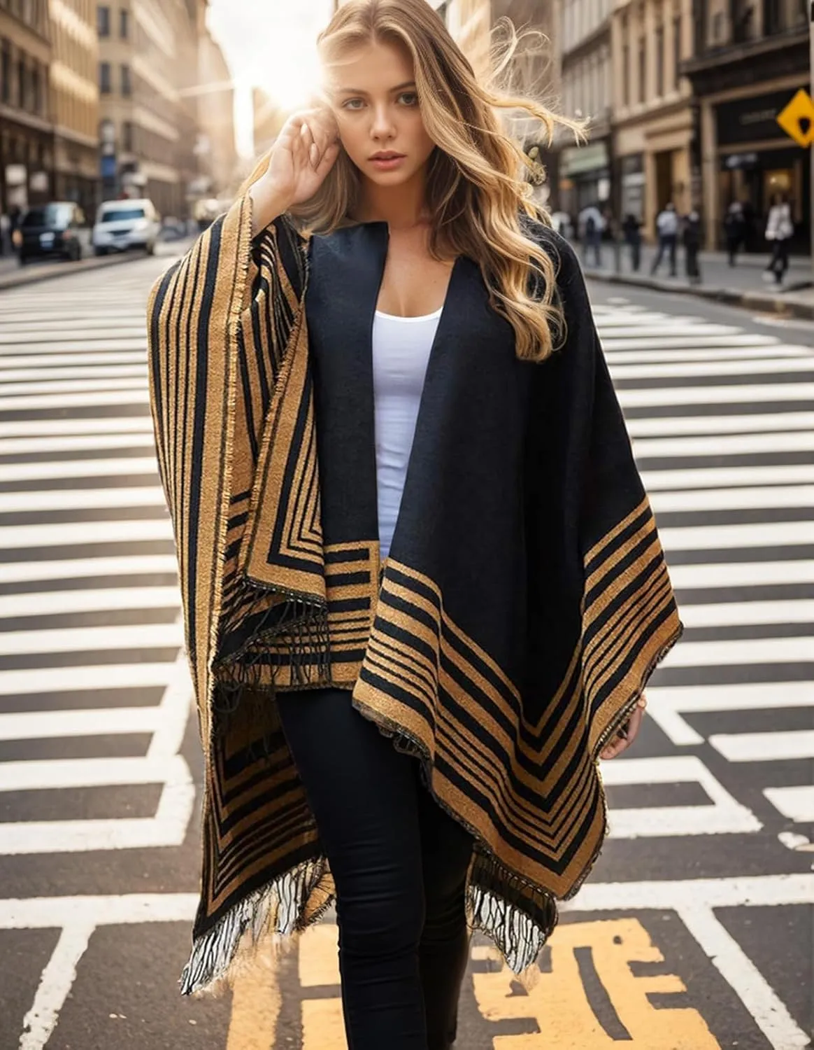 Women's Shawl Wraps Open Front Poncho Cape Oversized Sweaters Casual Cardigan Shawls for Fall Winter