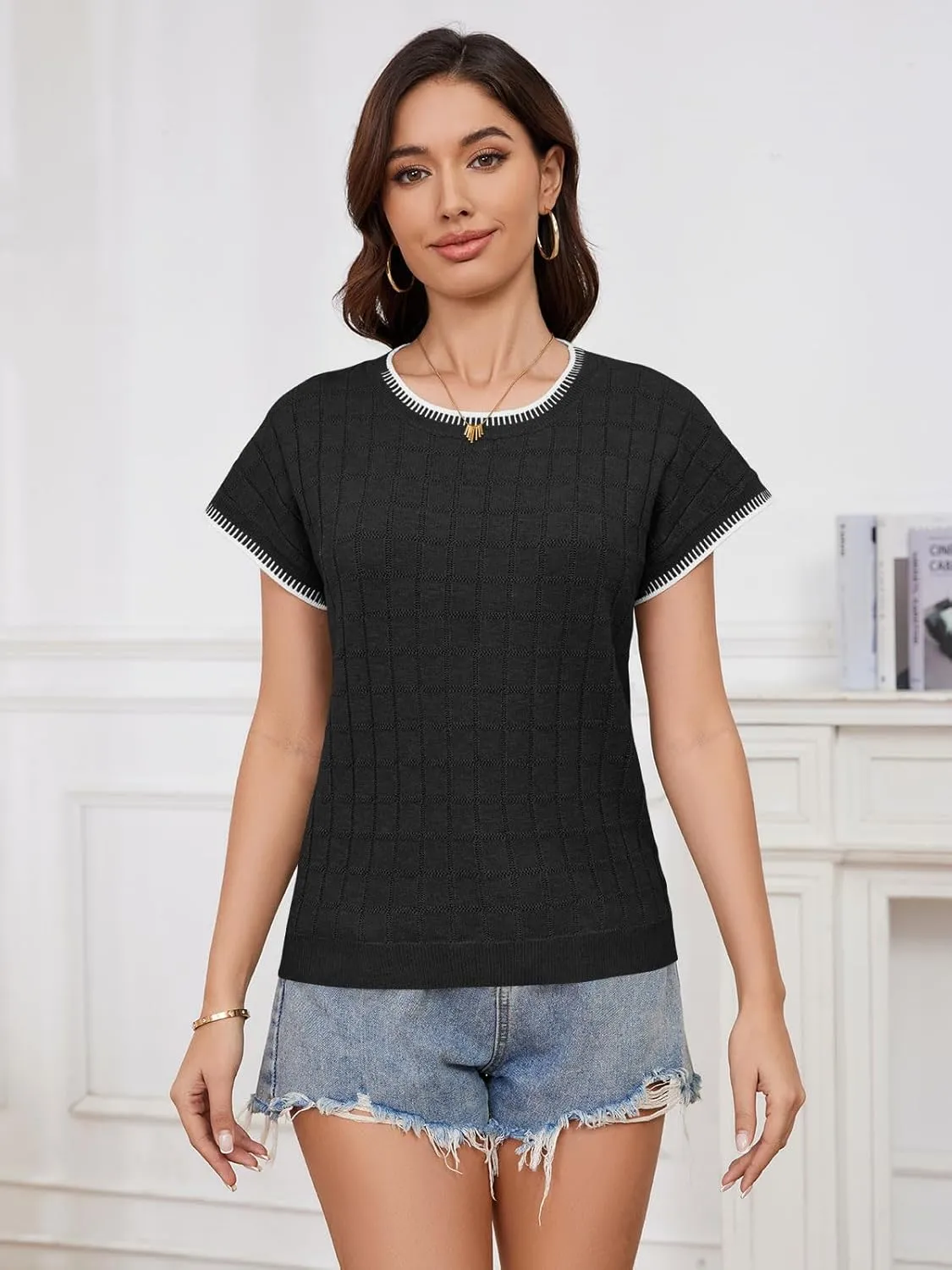 Womens Short Sleeve Sweater Crewneck Vest Tops Trendy Casual Crochet Sweaters for Women Spring Summer 2025