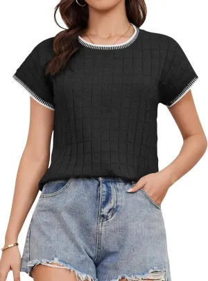Womens Short Sleeve Sweater Crewneck Vest Tops Trendy Casual Crochet Sweaters for Women Spring Summer 2025