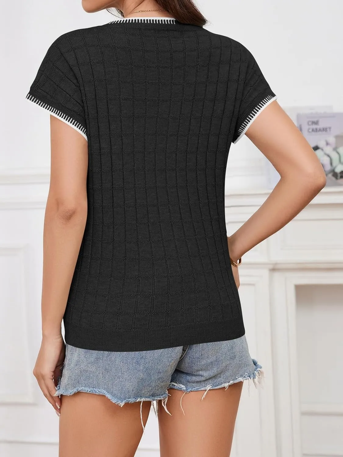 Womens Short Sleeve Sweater Crewneck Vest Tops Trendy Casual Crochet Sweaters for Women Spring Summer 2025