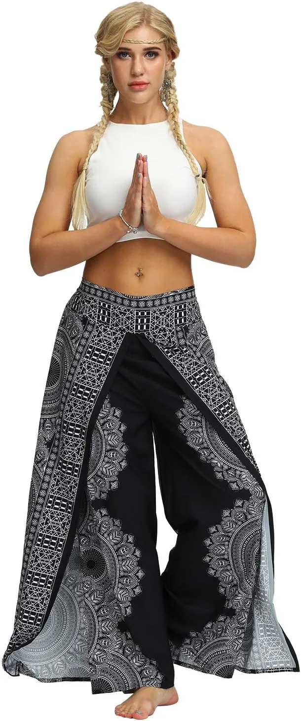 Womens Slit Wide Leg Pants Causal Hippie Bohemian Summer Beach Boho Yoga Pants