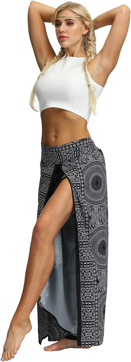 Womens Slit Wide Leg Pants Causal Hippie Bohemian Summer Beach Boho Yoga Pants