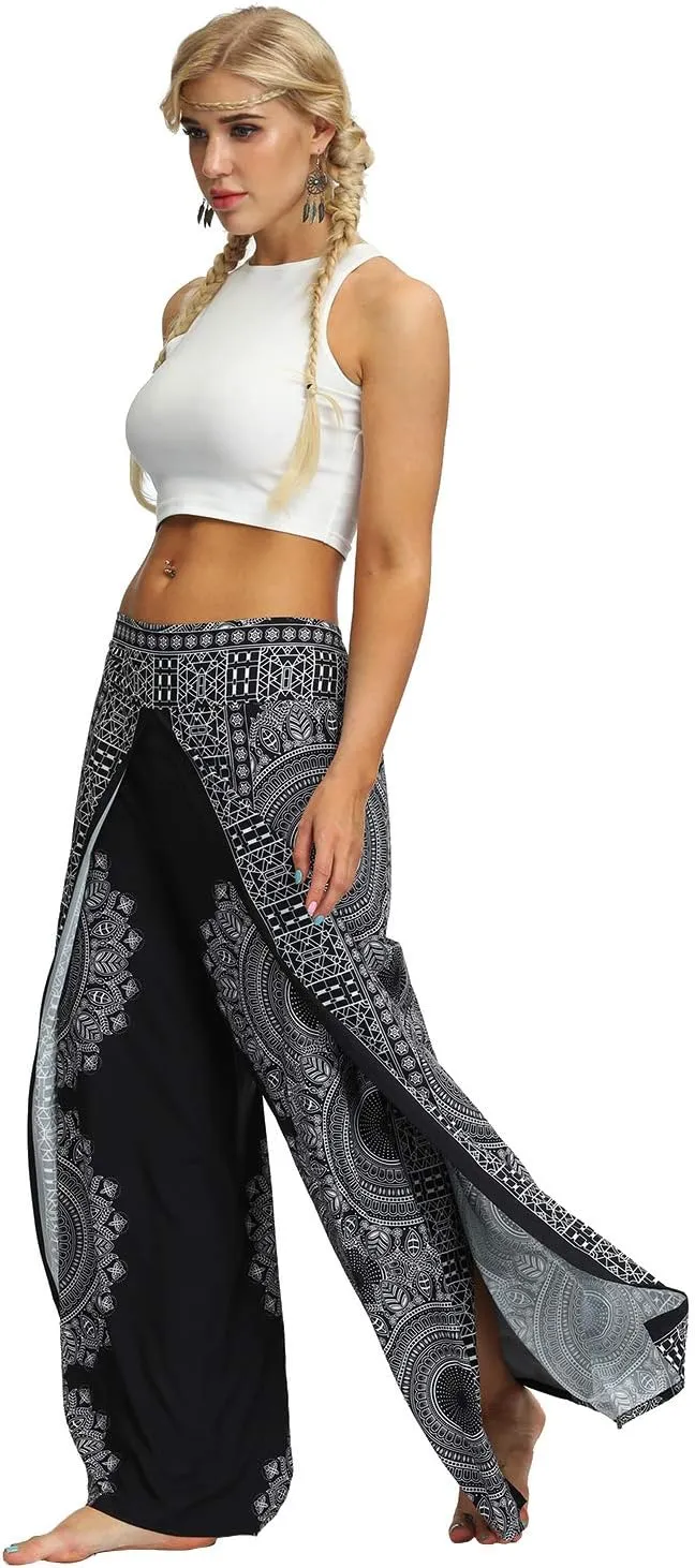 Womens Slit Wide Leg Pants Causal Hippie Bohemian Summer Beach Boho Yoga Pants
