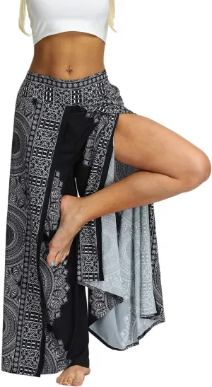 Womens Slit Wide Leg Pants Causal Hippie Bohemian Summer Beach Boho Yoga Pants
