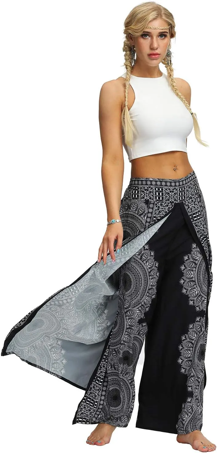 Womens Slit Wide Leg Pants Causal Hippie Bohemian Summer Beach Boho Yoga Pants