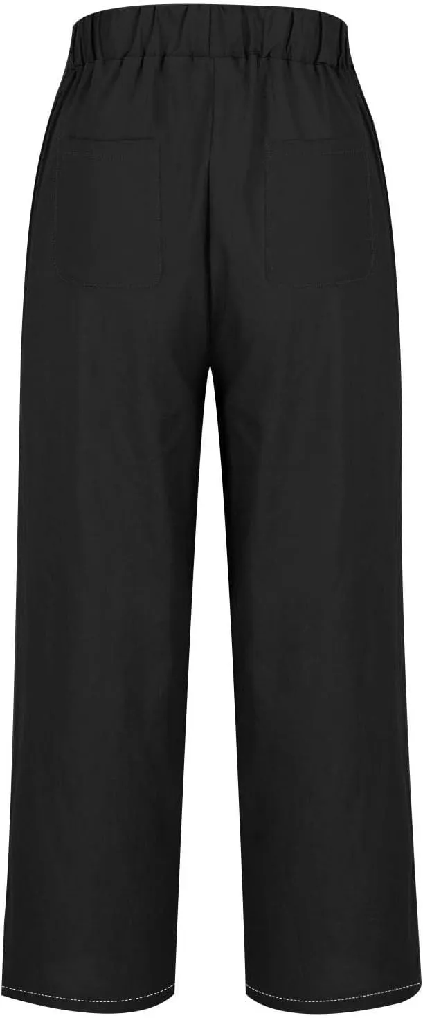 Women's Solid Elastic Waist Linen Trousers All-Match Straight Trnedy Casual Wide Leg Pants Cropped Long Pants