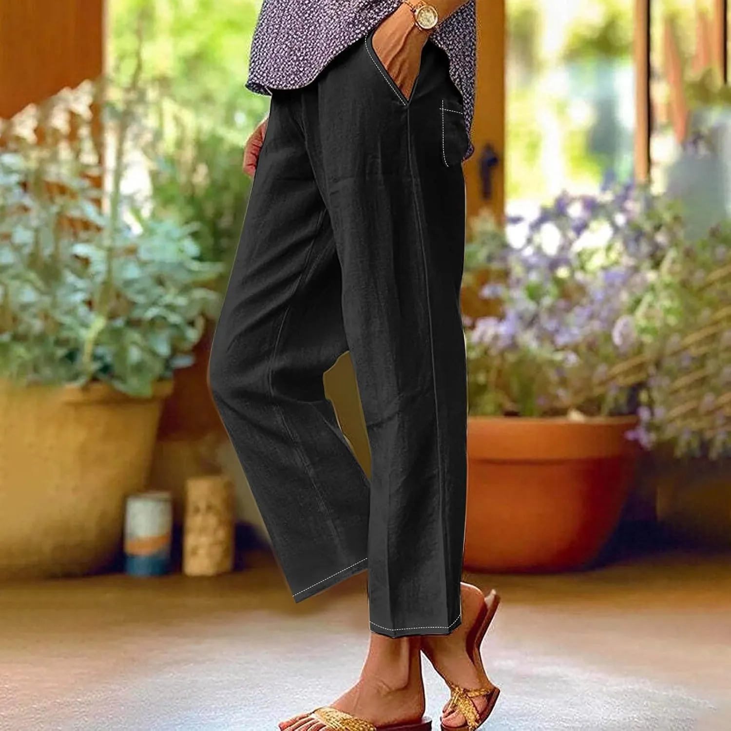 Women's Solid Elastic Waist Linen Trousers All-Match Straight Trnedy Casual Wide Leg Pants Cropped Long Pants